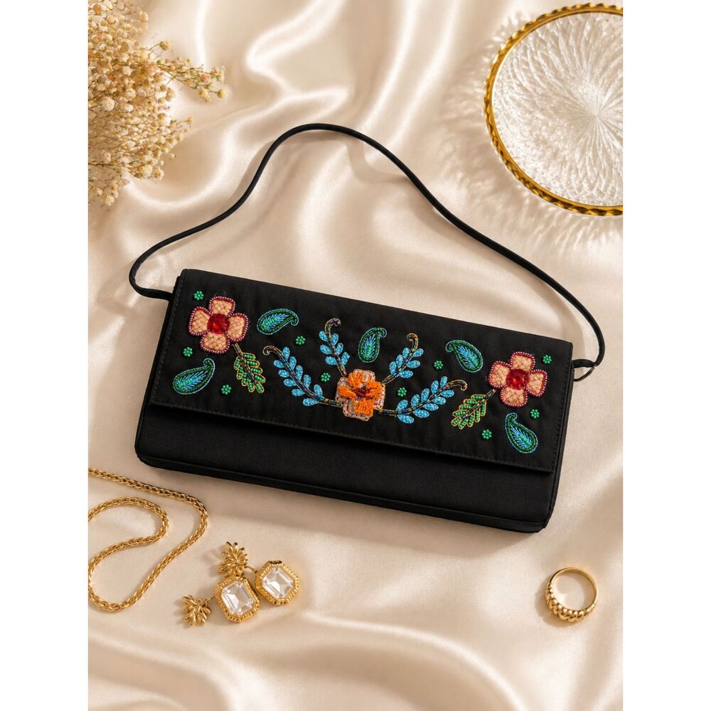 Giuseppe Zanotti Vintage Y2K Designer Evening Bag Black Beaded Satin Handbag